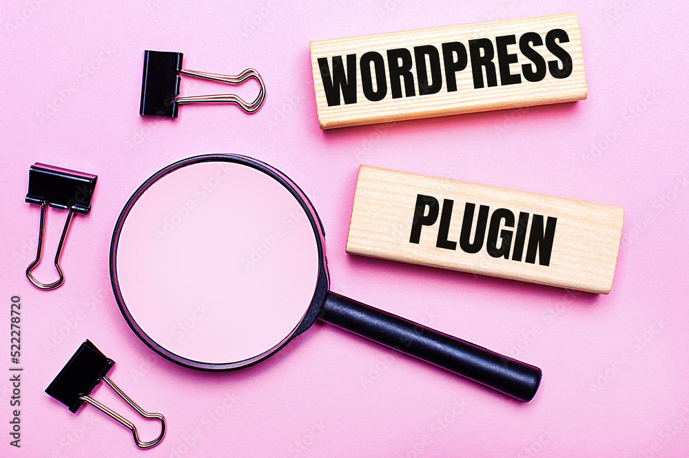 On a pink background, a magnifier, black paper clips and wooden blocks with the text WORDPRESS PLUGIN. Business concept
